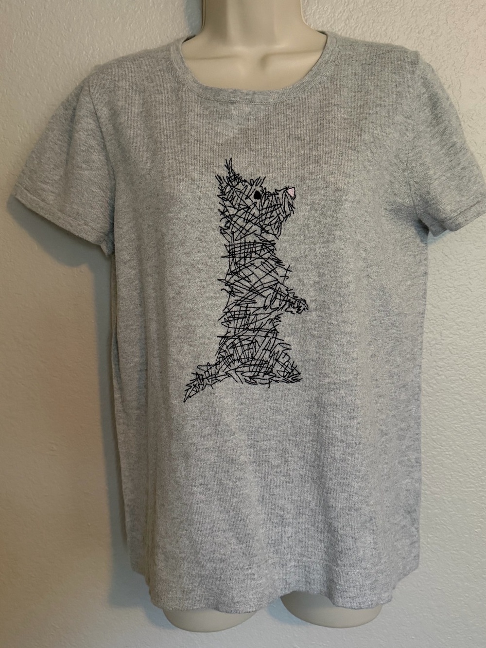 J. Crew Gray Heather Short sleeve sweater with Black Scribble Graphic
